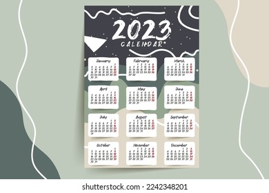 2023 Calendar year vector illustration. The week starts on Sunday. Annual calendar 2023 template.
