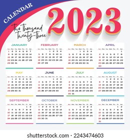 2023 Calendar year vector illustration. The week starts on Sunday. Annual calendar 2023 template. Calendar design with Monument, Sunday in red colors.  Vector illustration isolated