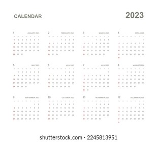 2023 Calendar year vector illustration. The week starts on Sunday. Annual calendar 2023 template. Vector illustration.