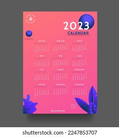 2023 Calendar year vector illustration. The week starts on Sunday. Annual calendar 2023 template, Sunday in gradien red colors. Vector hand drawn 2023 calendar template.