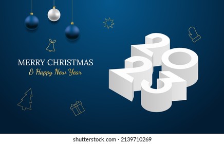 2023 calligraphy with 3d numbers on blue background of Happy New Year celebration for flyers, posters, business decoration sign, brochure, card, banner, postcard. Realistic toys and christmas icon