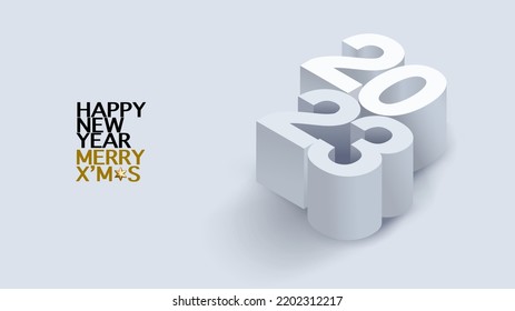 Caligrafía 2023 con números 3d sobre el fondo blanco de la celebración de Año Nuevo Feliz para volantes, afiches, letrero de decoración de negocios, folleto, tarjeta, cartel, postal. Ilustración del vector