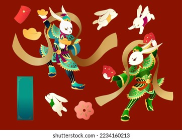 2023 Chinese door god elements set. Including door god rabbits holding red envelopes and gold ingots, little bunnies, blue couplet isolated on crimson red background