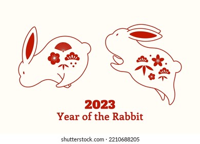 2023 Chinese Lunar New Year kawaii funny rabbits, red on white. Eastern zodiac sign. Hand drawn vector illustration. Line drawing. Design concept for holiday card, banner, poster, decor element.