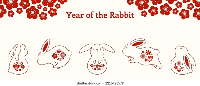 2023 Chinese Lunar New Year kawaii funny rabbits, plum flowers, red on white background. Hand drawn vector illustration. Line drawing. Design concept for holiday card, banner, poster, decor element.