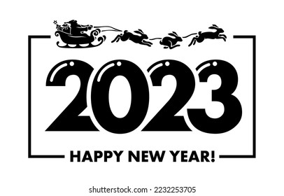 2023 Chinese new rabbit year header. Santa Claus rides in a sleigh with gifts pulled by rabbits. Vector christmas decoration on transparent background