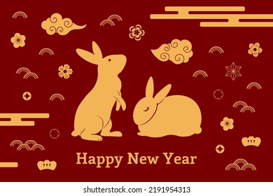 2023 Chinese New Year cute rabbits, abstract elements, clouds, flowers, typography Happy New Year, gold on red. Vector illustration. Flat style design. Concept for holiday card, banner, poster