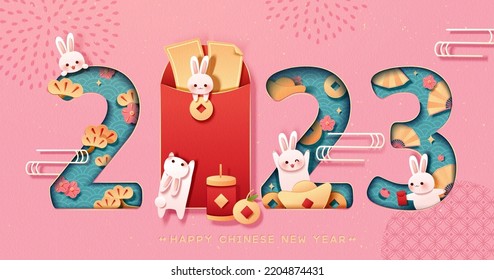 2023 Chinese new year cute bunnies banner. Paper cut designed 2023 typography with oriental style pattern. Adorable bunnies around symbols year of the rabbit.