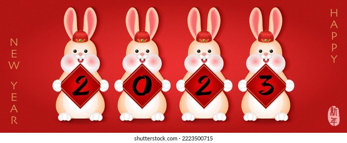 2023 Chinese new year of cute cartoon rabbit holding spring couplet. Chinese translation : New year