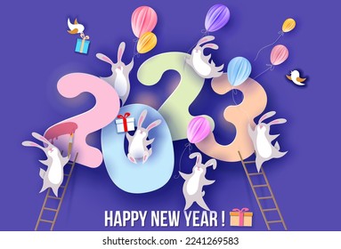 2023 Chinese New year cute bunnies Christmas card. Paper cut designed 2023 typography. Adorable rabbits dancing with color air balloons in paper hole with stars and moon. Vector illustration