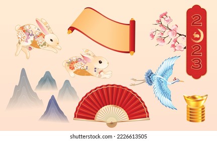 2023 Chinese new year element set. Year of the rabbit, Rabbit Illustration 