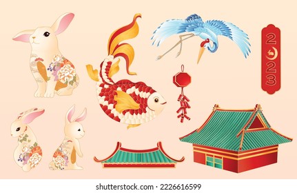 2023 Chinese new year element set. Year of the rabbit, Rabbit Illustration 