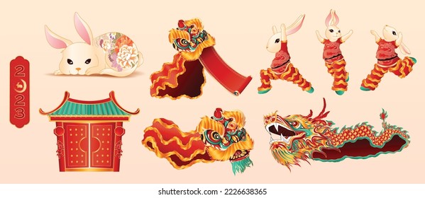 2023 Chinese new year element set. Year of the rabbit, Rabbit Illustration 