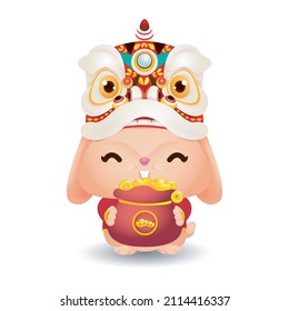2023 Chinese new year, little rabbit with lion dance holding bag of gold,  year of the rabbit zodiac of Animal lucks, gong xi fa cai, Cartoon vector illustration isolated on white background.