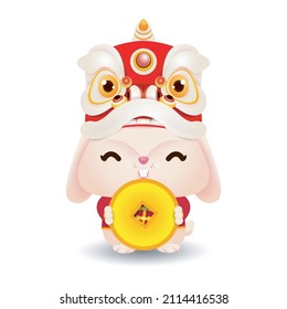 2023 Chinese new year, little rabbit with lion dance holding coins of gold,  year of the rabbit zodiac of Animal lucks, gong xi fa cai, Cartoon vector illustration isolated on white background.