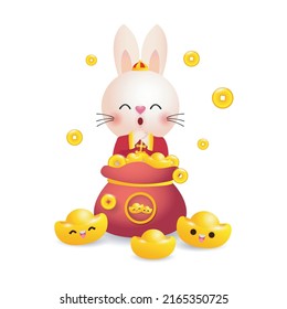 2023 Chinese new year, little rabbit and bag of gold,  year of the rabbit zodiac of Animal lucks, gong xi fa cai, Cartoon vector illustration isolated on white background.