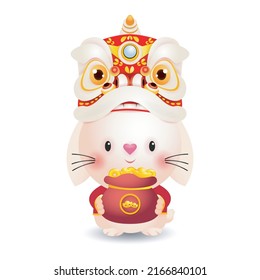 2023 Chinese new year, little rabbit with lion dance holding bag of gold,  year of the rabbit zodiac of Animal lucks, gong xi fa cai, Cartoon vector illustration isolated on white background.