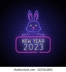 2023 Chinese new year. Moon rabbit neon icon. Funny hare. Year of the rabbit. Banner, logo, emblem, light banner, postcard. vector image