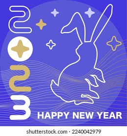 2023 Chinese New Year postcard with graphic elements and line art rabbit, symbol of the year. Vector illustration, invitation, greeting card.