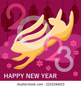 2023 Chinese New Year postcard with zodiacal Rabbit sign with Chinese lanterns and flowers on the background. Vector graphic poster, template, banner, invitation and greeting card.