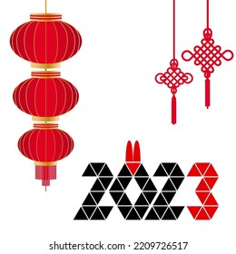 2023 chinese new year, year of the rabbit, date and rabbit ears, chinese lantern, chinese knot of happiness and good luck