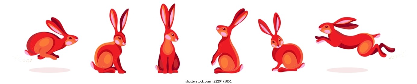 2023 Chinese New Year of the rabbit flat vector graphic illustrations set. Cute Red color bunnies or hares are sitting and happy jamping at white background. Chinese new year abstract zodiac signs. 