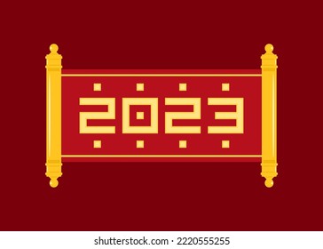 2023 Chinese New Year of rabbit ancient papyrus scroll with handles greeting banner vector flat illustration. Asian zodiac holiday Eastern culture invitation parchment astrology lunar calendar poster