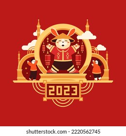 2023 Chinese New Year of rabbit greeting card isometric vector illustration. Asian lunar calendar holiday bunny hare Oriental cone hat geometric ornate construction children lantern festive banner