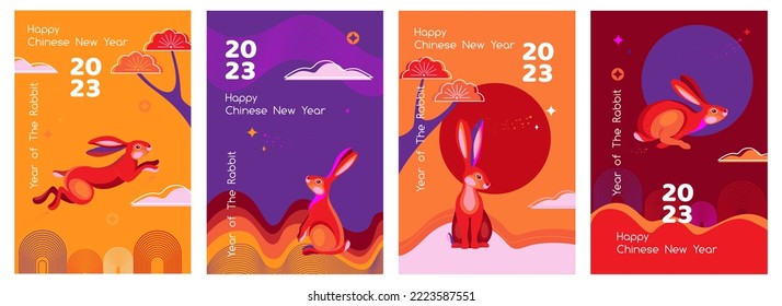 2023 Chinese New Year - year of the Rabbit poster set. Minimal flat trendy design templates with typography 2023 in orange, red , violet colors and red rabbits for banner, card, calendar, cover, flyer