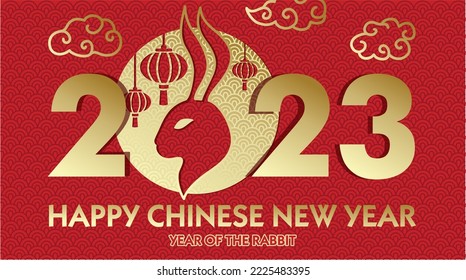 2023 Chinese new year. A rabbit on the number logo concept. Year of the rabbit. Rabbit Zodiac sign, with gold paper cut art and craft style on color background for greeting card, flyers, poster. 