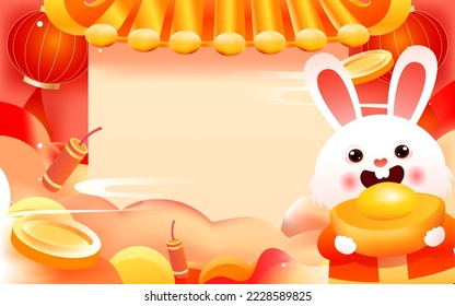 2023 Chinese New Year of the Year of the Rabbit, the image of a rabbit with buildings and red lanterns in the background, vector illustration, Chinese translation: Year of the Rabbit