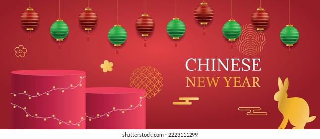 2023 Chinese new year zodiac banner template. Rabbit icon on red background with 3d ball. Vector realistic background