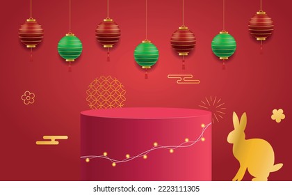 2023 Chinese new year zodiac banner template. Rabbit icon on red background with 3d ball. Vector realistic background