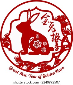 2023 Chinese Rabbit New Year. Translation: Great new year of golden hare.