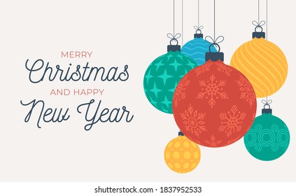 2023 Christmas and new year greeting card or banner. Hanging Christmas balls of garlands and stars. Congratulatory text. New year holidays concept Xmas