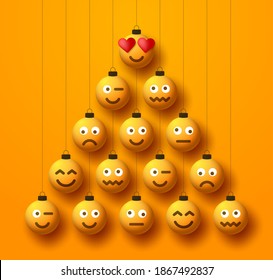 2023 Christmas and new year greeting 3d realistic cartoon card. Creative Xmas tree made face emoji bauble balls on yellow background for Christmas and New Year celebration