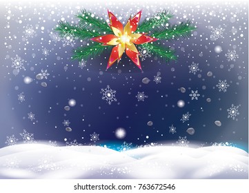 2023 Christmas star garland decoration, night sky and snow mountain landscape Winter Holiday Christmas snow, realistic snowfall shiny glow background fir branches wreath, vector greeting card template