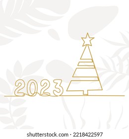 2023 and Christmas tree drawing in one continuous line, vector