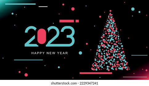 "2023 and Christmas tree Holiday design Futuristic blue red vector black background contrast color border digital dynamic elegant technology web poster card template  service