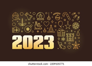 2023 Christmas or Xmas and New Year concept outline golden banner. Vector illustration