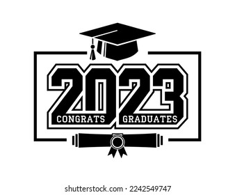 2023 class congrats graduates. The concept of decorate congratulation for school graduates. Design for t-shirt, flyer, invitation, greeting card. Illustration, vector