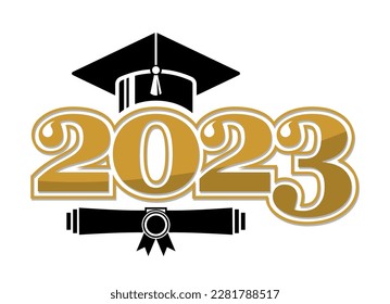2023 class congrats graduates. The concept of decorate congratulation for school graduates. Design for t-shirt, flyer, invitation, greeting card. Illustration, vector
