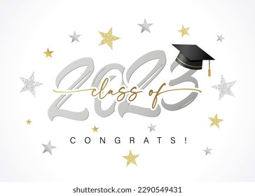 2023 class of Congrats, silver logo text design and stars. Congratulations graduate 2023 years with a square academic cap and numbers. Vector illustration