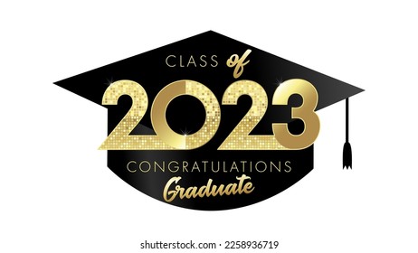 2023 class of Congratulation Graduate on black square academic cap. Stylish gold 20 and 23 digits and calligraphy for Graduation poster or banner. Vector illustration