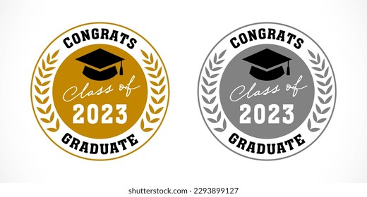 2023 Class of educational medal gold and silver. Congratulations graduate 2023 year badge design with numbers and square academic cap. Vector illustration