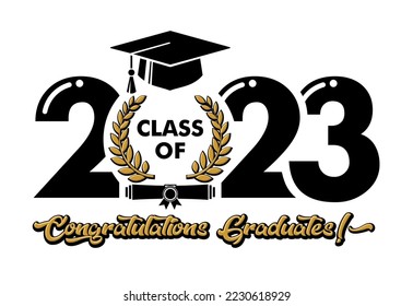 2023 class graduate header. The concept of decorate congratulation with  laurel wreath for school graduates. Design for t-shirt, flyer, invitation, greeting card. Illustration, vector