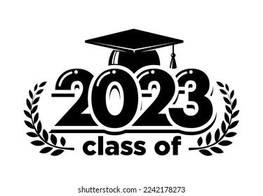 Encabezado de graduado de clase 2023. El concepto de decorar la felicitación con laurel para los graduados escolares. Diseño para camiseta, volante, invitación, tarjeta de saludo. Ilustración, vector