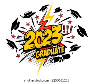 2023 class graduate header. The concept of decorate congratulation for school graduates in comic cartoon style. Vector on transparent background