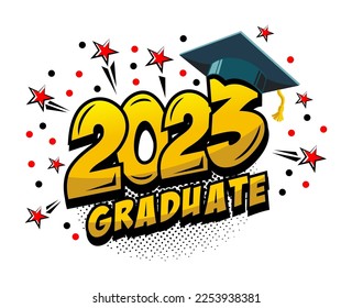 2023 class graduate header. Decorate congratulation for school graduates in comic cartoon style. Vector on transparent background