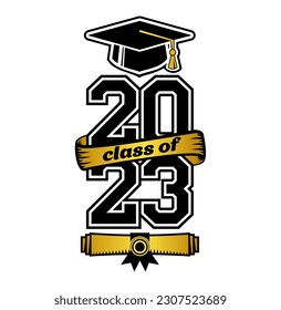 Encabezado de graduado de clase 2023. El tiempo de la felicitación decorativa para los graduados de la escuela. Diseño para camiseta, volante, invitación, tarjeta de saludo. Vector